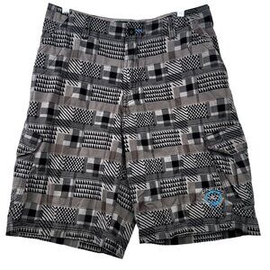 ONeill Mens Geometric Plaid Cargo Skater Surf Shorts Size 32 Black Gray Logo